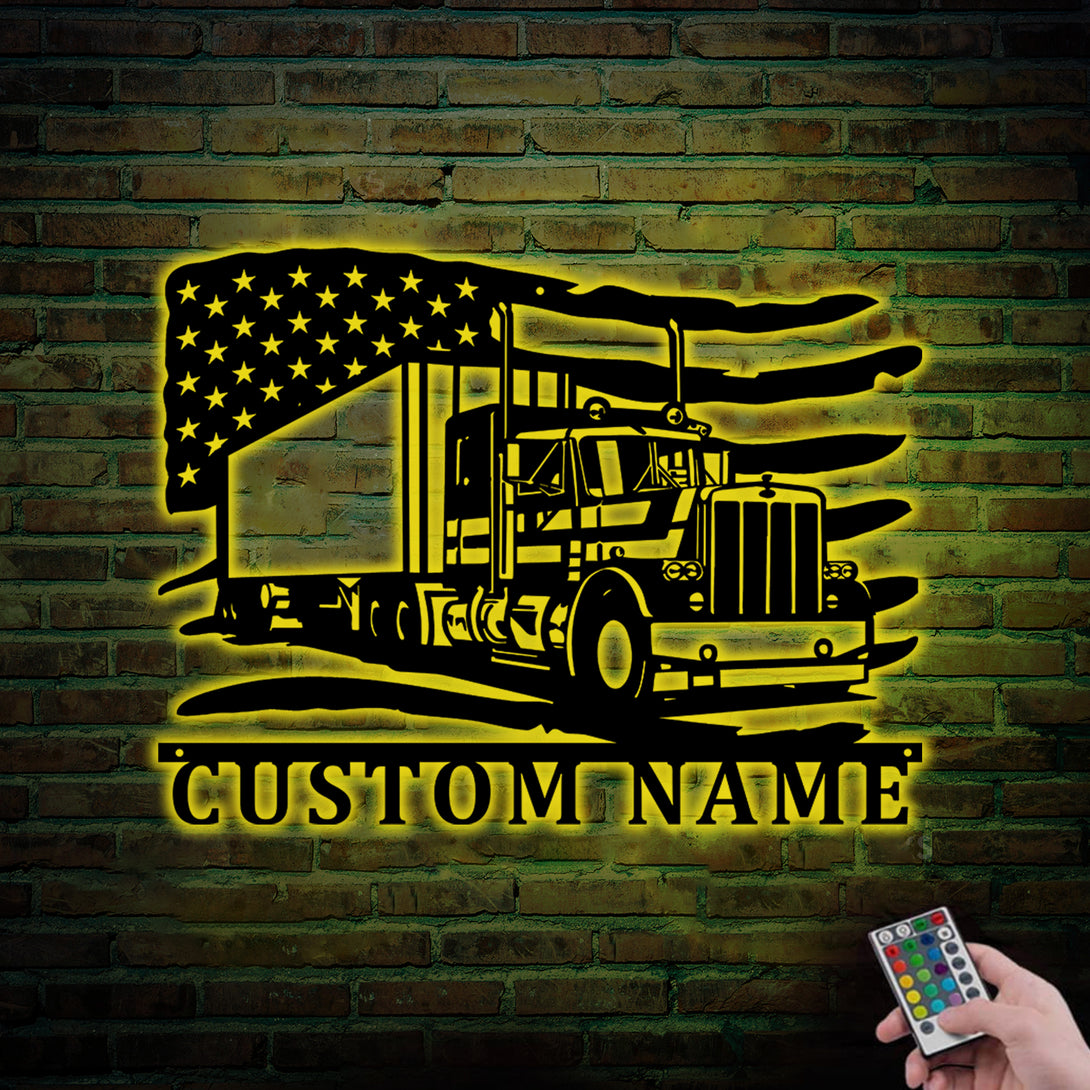 Custom Us Flag Semi Truck Metal Sign With Led Lights, Personalized Semi Truck Driver Metal Name Sign, Semi Trailer 18 Wheeler Metal Wall Sign