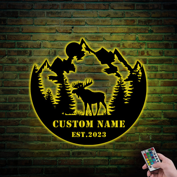 Personalize Mountain Moose Metal Cabin Sign Led Lights, Custom Name Mountain Forest Moose Hunting Metal Wall Art, Moose Hunting Lodge Metal Decor
