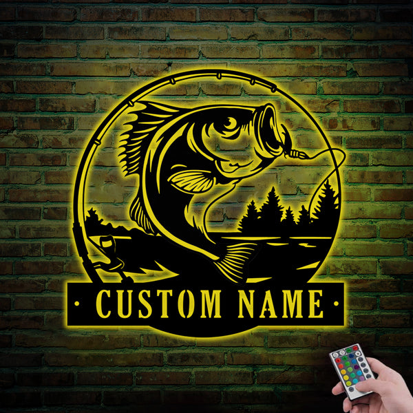 Personalized Bass Fish Metal Wall Art With Led Lights, Custom Name Fisherman Metal Sign, Bass Fishing Metal Art, Metal Fishing Outdoor Cabin Sign