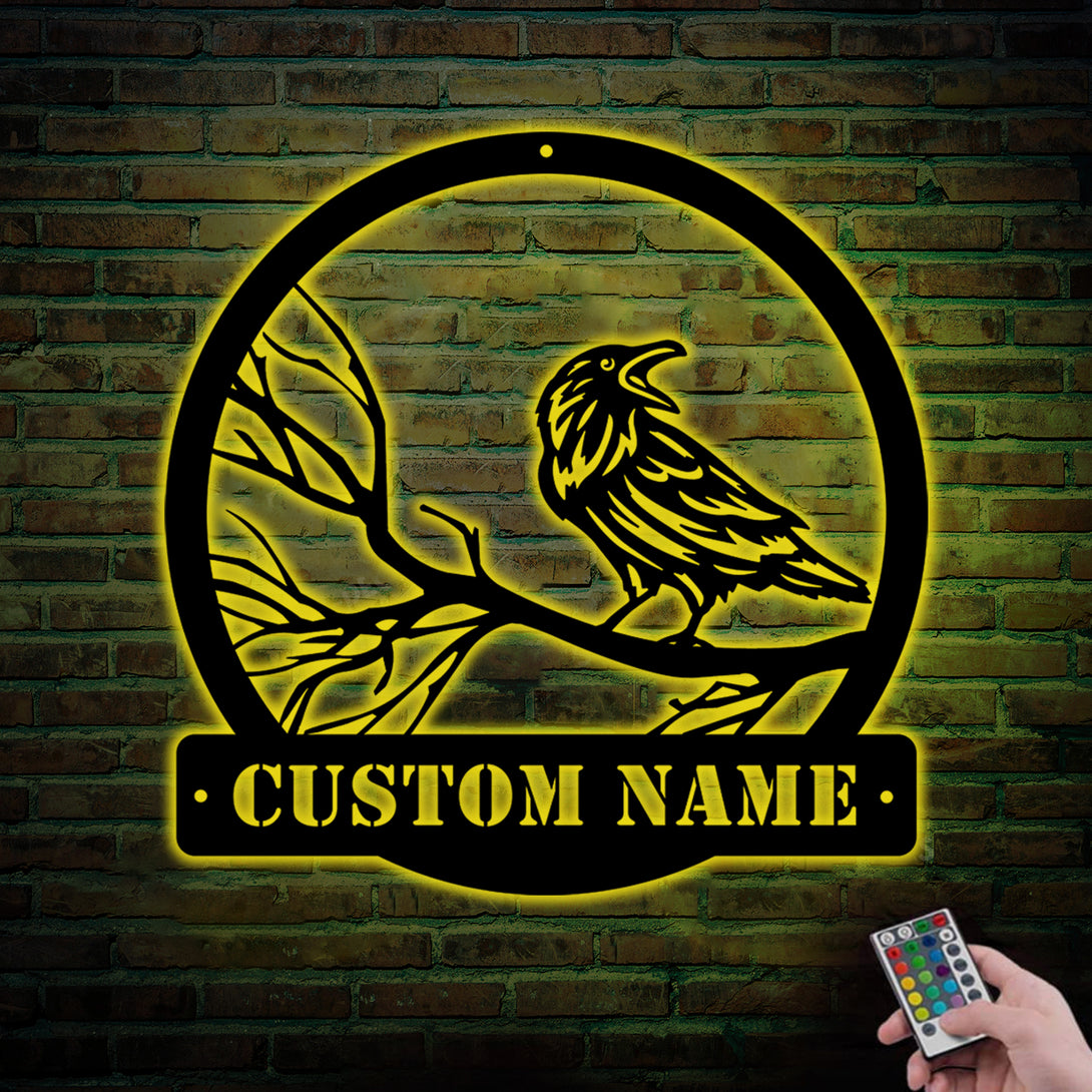 Custom Raven Metal Wall Art Led Lights, Personalized Black Crow Metal Sign, Metal Crow Moon Name Sign, Black Raven On Branch Metal Sign