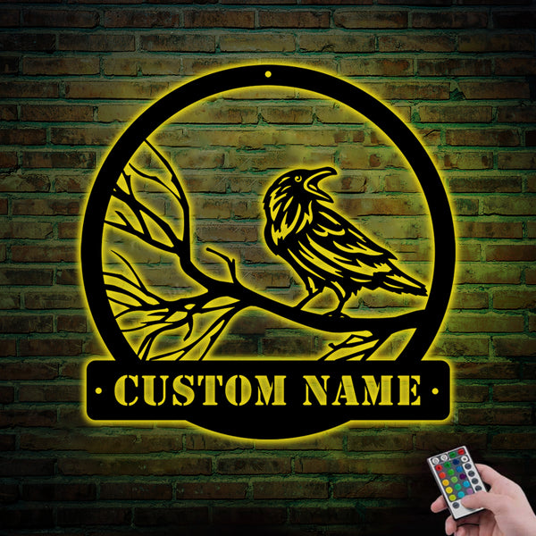 Custom Raven Metal Wall Art Led Lights, Personalized Black Crow Metal Sign, Metal Crow Moon Name Sign, Black Raven On Branch Metal Sign