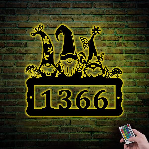 Custom Gnomes House Number Metal Sign Led Lights, Personalized Gnomies Address Number Metal Sign Wall Hanging Decor, Address Front Door Sign