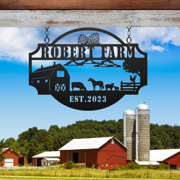 Custom Farmhouse Metal Wall Art, Personalized Farm Barn Ranch Metal Name Sign, Farm Animal Sign Mountain Farm Metal Wall Art