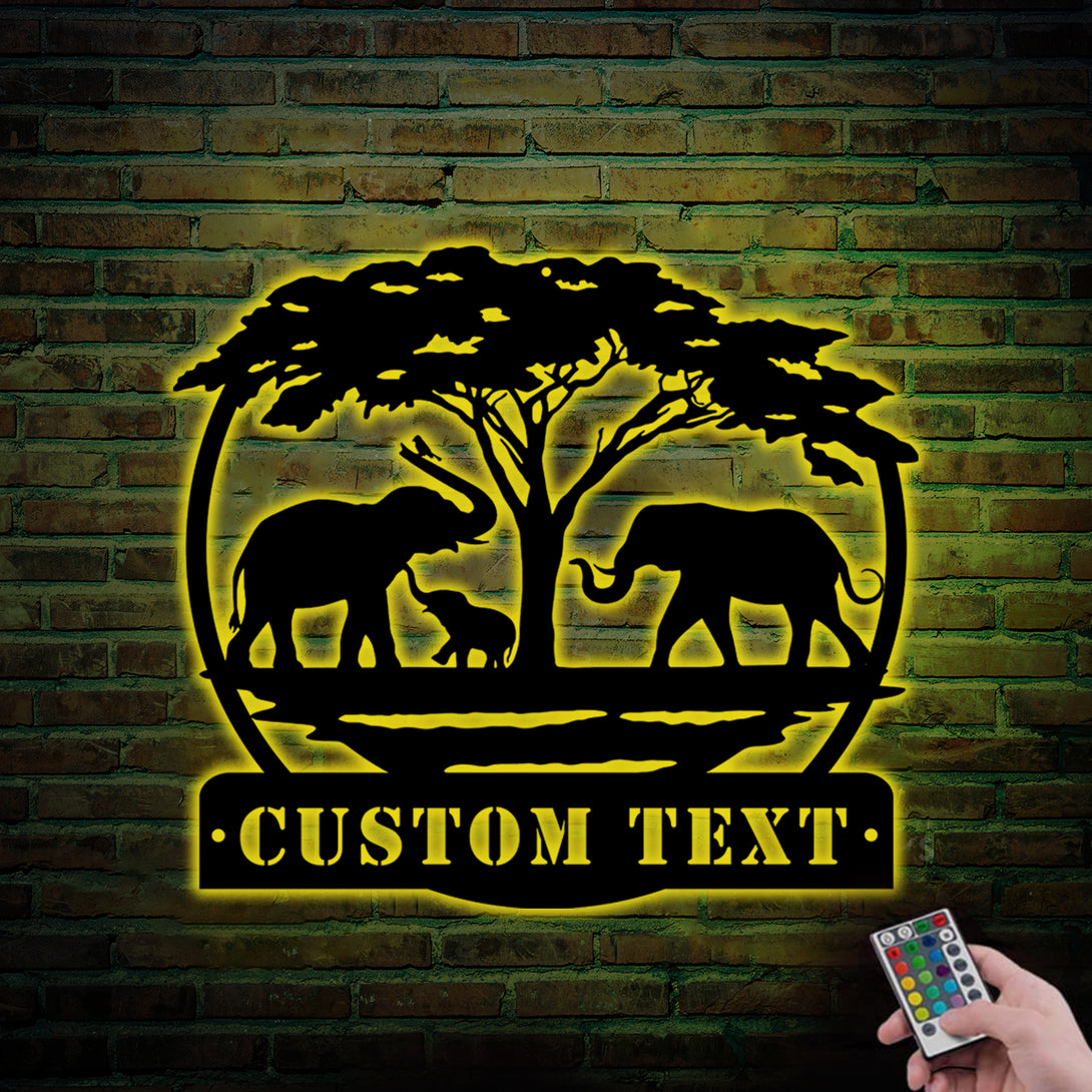 Custom Safari Elephant Family Metal Wall Art With Led Lights, Elephant Africa Wildlife Metal Sign, Africa Elephant Family Metal Sign Home Decor