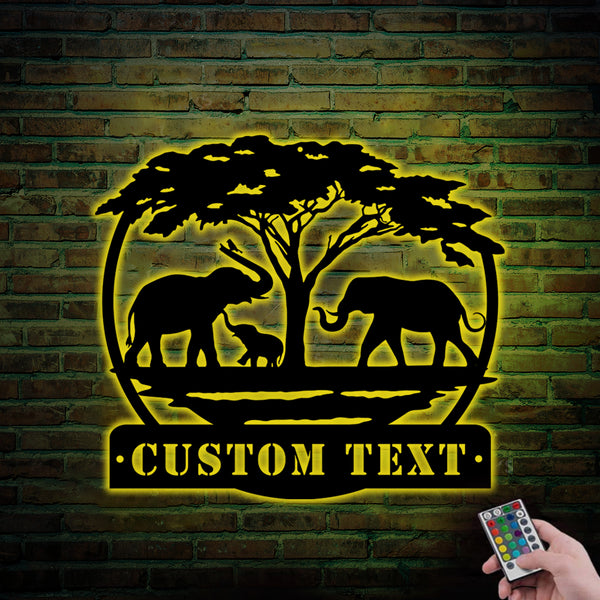 Custom Safari Elephant Family Metal Wall Art With Led Lights, Elephant Africa Wildlife Metal Sign, Africa Elephant Family Metal Sign Home Decor