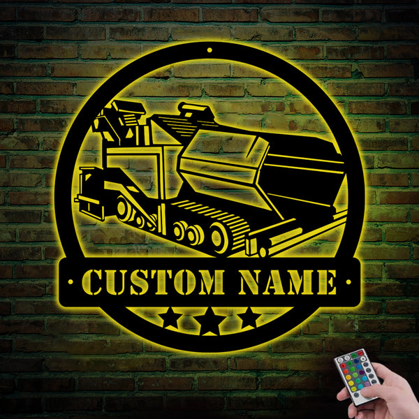 Custom Tracked Asphalt Paver Metal Wall Art Led Lights, Personalized Paver Truck Driver Metal Name Sign, Asphalt Paver Heavy Equipment Metal Decor