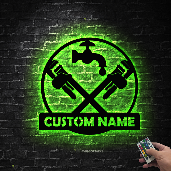 Custom Plumbing Metal Wall Art With Led Lights, Personalized Plumber Metal Name Sign, Plumbing Repair Service Sign, Repairman Metal Name Sign