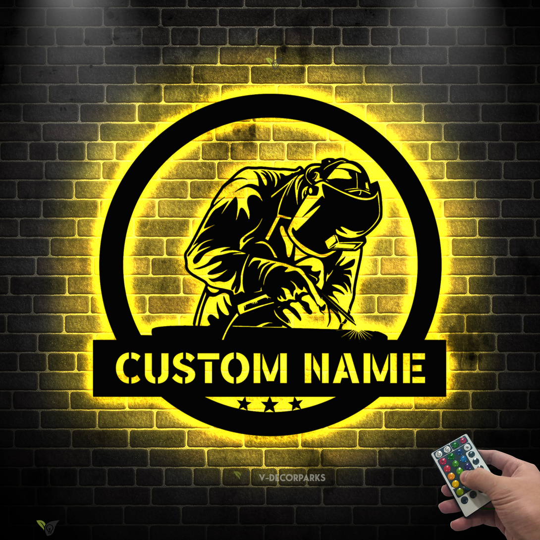 Custom Name Construction Welder Metal Sign With Led Lights, Personalized Welder Metal Name Sign, Construction Welding Workshop Metal Wall Art