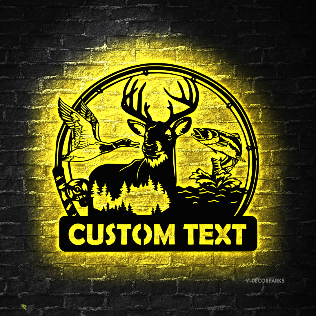 Custom Duck Deer Hunting And Fishing Metal Signs Led Lights, Personalized Hunter Metal Name Signs, Wildlife Hunting Outdoor Metal Wall Art Decor