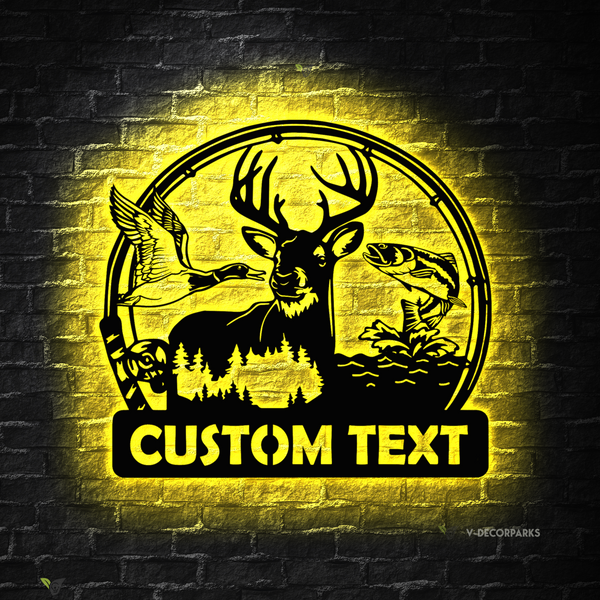 Custom Duck Deer Hunting And Fishing Metal Signs Led Lights, Personalized Hunter Metal Name Signs, Wildlife Hunting Outdoor Metal Wall Art Decor