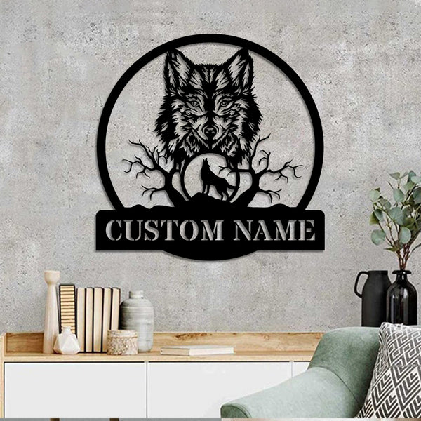 Custom Name Wolf Monogram Metal Sign, Howling Wolf Metal Art, Wild Wolf Metal Wall Art Decor, Wildlife Nature Howling Wolf Metal Sign