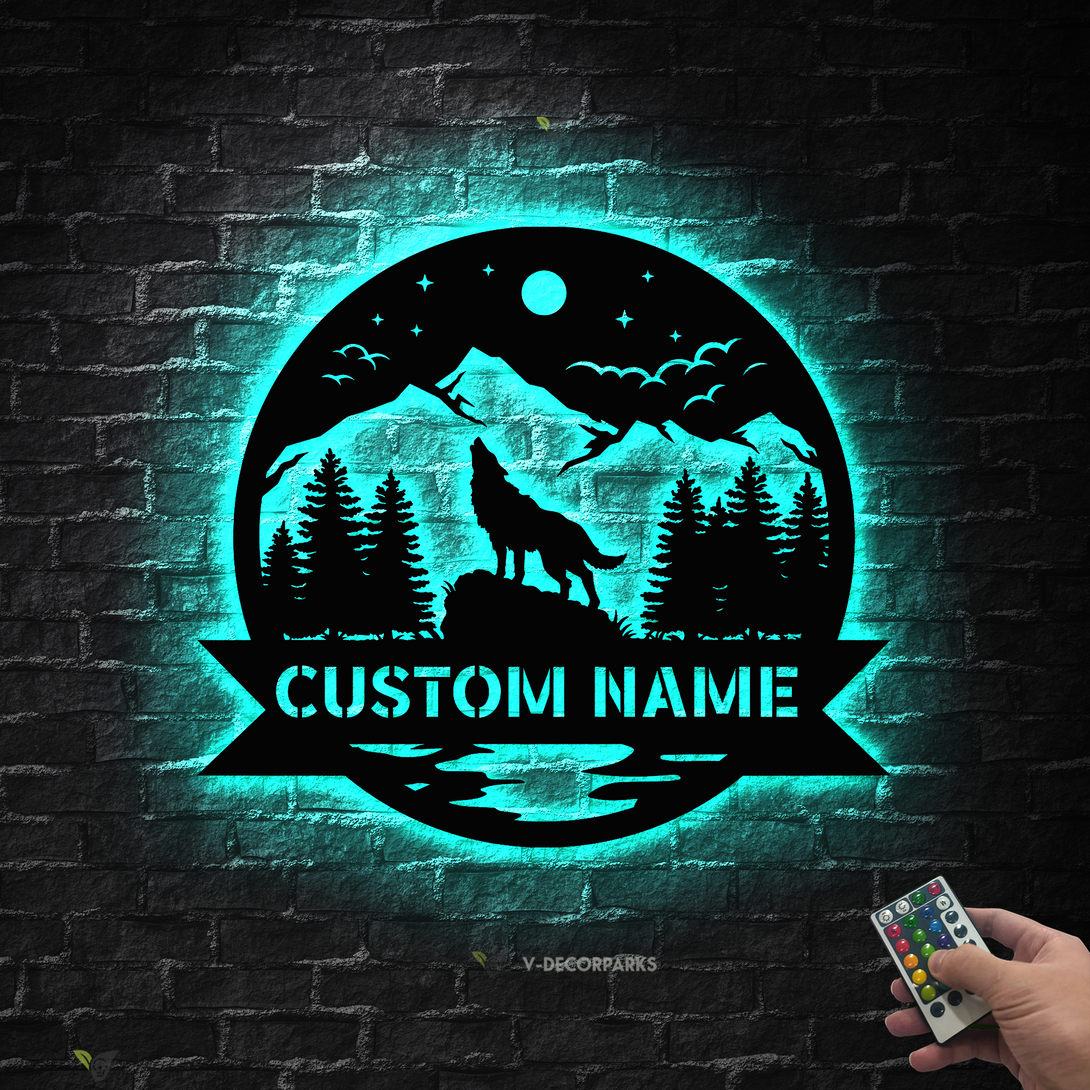 Custom Wolf Monogram Metal Sign Art Led Light, Personalized Wolf Monogram Metal Sign, Wolf Wall Decor, Wolf Hobbie Wall Hanging, Xmas Gift