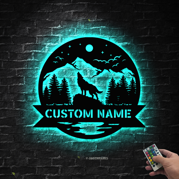 Custom Wolf Monogram Metal Sign Art Led Light, Personalized Wolf Monogram Metal Sign, Wolf Wall Decor, Wolf Hobbie Wall Hanging, Xmas Gift