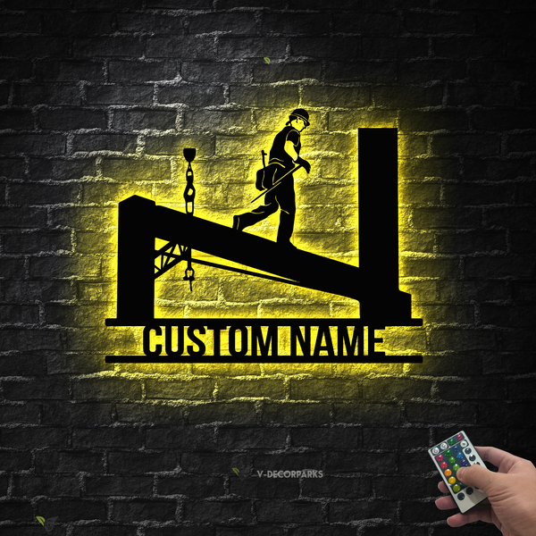 Custom Ironworker Metal Sign With Led Lights, Personalized Ironworker Metal Wall Hanging Home Decor, Construction Welder Metal Name Sign