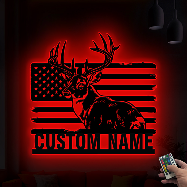 Custom Us Flag Deer Metal Wall Art Led Lights, Personalized American Buck Head Hunter Metal Name Sign, Us Patriotic Deer Hunting Cabin Metal Decor
