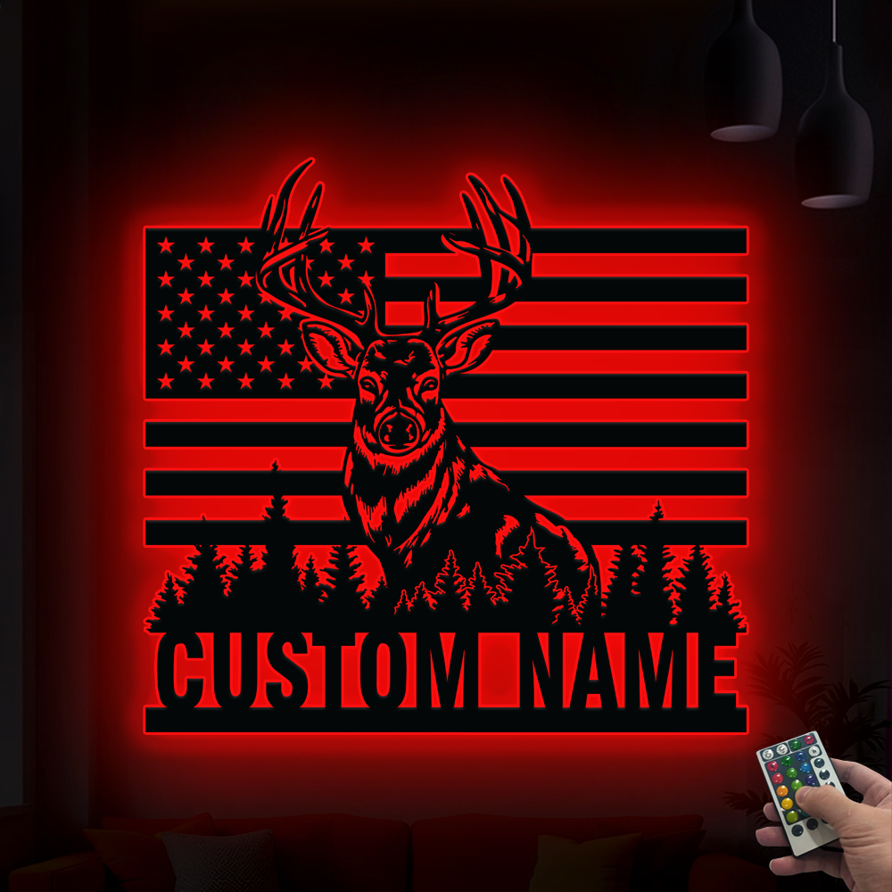 Custom Us Flag Patriotic Deer Metal Wall Art Led Lights, Personalized American Buck Head Hunter Name Sign, Rustic Hunting Lodge Metal Cabin Signs