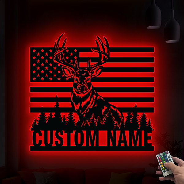 Custom Us Flag Patriotic Deer Metal Wall Art Led Lights, Personalized American Buck Head Hunter Name Sign, Rustic Hunting Lodge Metal Cabin Signs