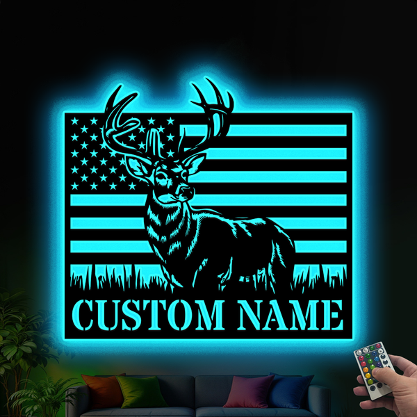 Custom American Buck Head Metal Wall Art Led Lights, Personalized Us Flag Patriotic Deer Hunter Name Sign, Rustic Hunting Lodge Metal Cabin Signs