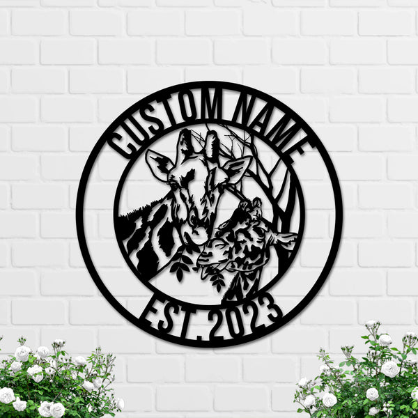 Custom Name Giraffe Monogram Metal Wall Art, Personalized Giraffe And Calf Metal Name Sign, Wild Giraffe Metal Sign Home Decor, Housewarming Gift