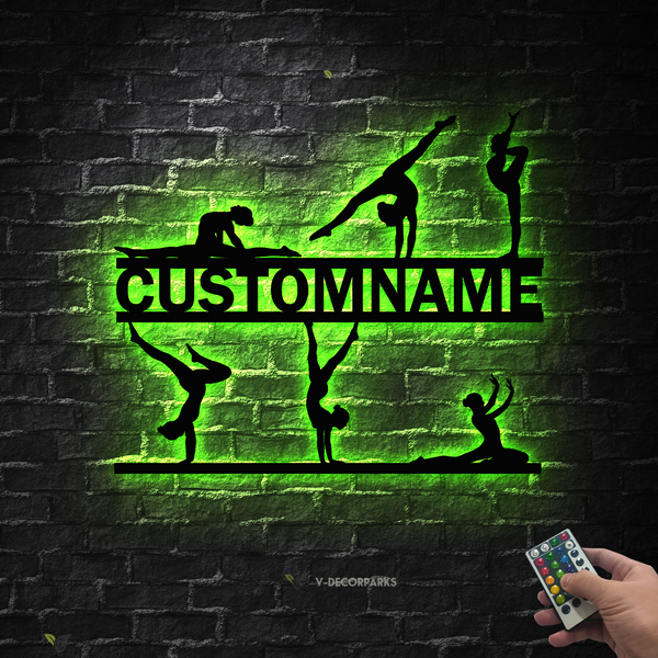 Custom Gymnastics Metal Wall Art Led Lights, Personalized Gymnastics Athletes Metal Name Sign, Gymnastics Sport Room Metal Wall Hanging Sign
