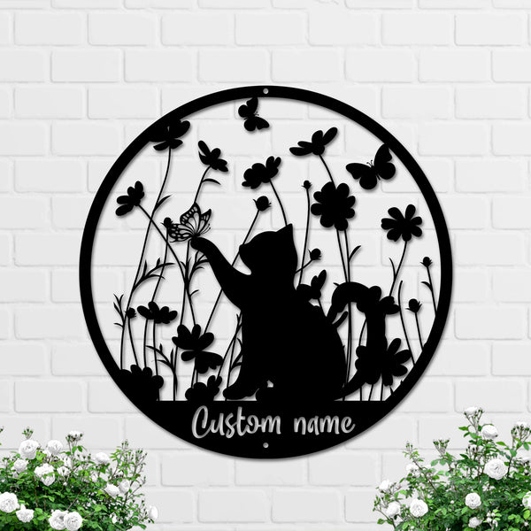 Personalized Name Cat In The Garden Metal Sign, Cat With Flowers Garden Metal Wall Art, Cat Metal Garden Sign, Cat Lover Metal Home Decor
