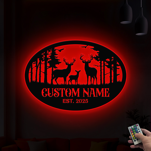 Custom Family Name Forest Deer Metal Sign With Led Lights, Personalized Wild Deer Metal Cabin Sign, Wildlife Hunting Mancave Metal Wall Art Decor