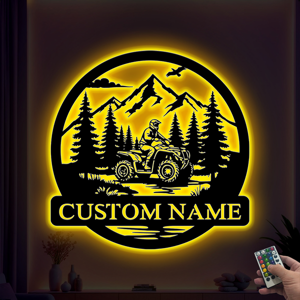Custom Name Mountain Quad Bike Atv Metal Monogram Sign Led Lights, Quad Bike Four Wheeler Metal Wall Art, Atv Off-road Metal Garage Sign