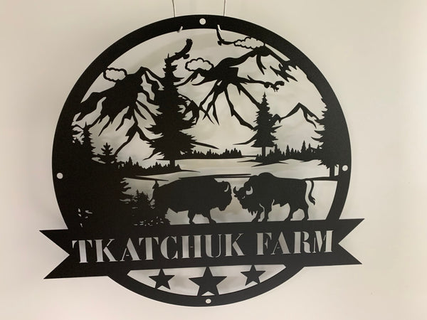 Custom Bison Farm Metal Wall Art, Personalized Bison Farm Metal Name Sign, Mountain Scene Bison Metal Sign, Bison Barn Metal Sign Decor