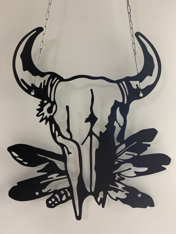 Native American Cow Skull Metal Wall Art, Cow Skull With Feather Metal Sign, Cow Skull Metal Wall Hanging, Native Cow Skull Metal Sign