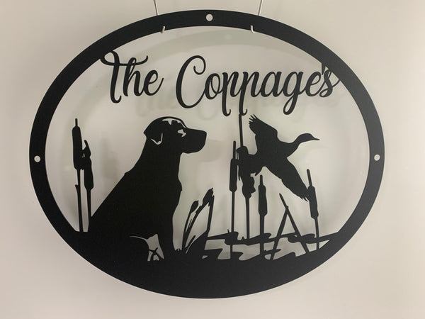 Customized Dog Hunting Duck Metal Sign, Dog Cattails Field Metal Wall Art, Personalized Dog Hunter Metal Name Sign, Hunter Man Cave Metal Wall Art