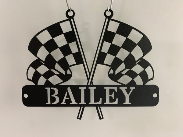 Custom Racing Flag Metal Wall Art, Checkered Racing Flag Metal Sign, Car Racing Metal Wall Hanging, Car Racing Man Cave Garage Metal Wall Sign
