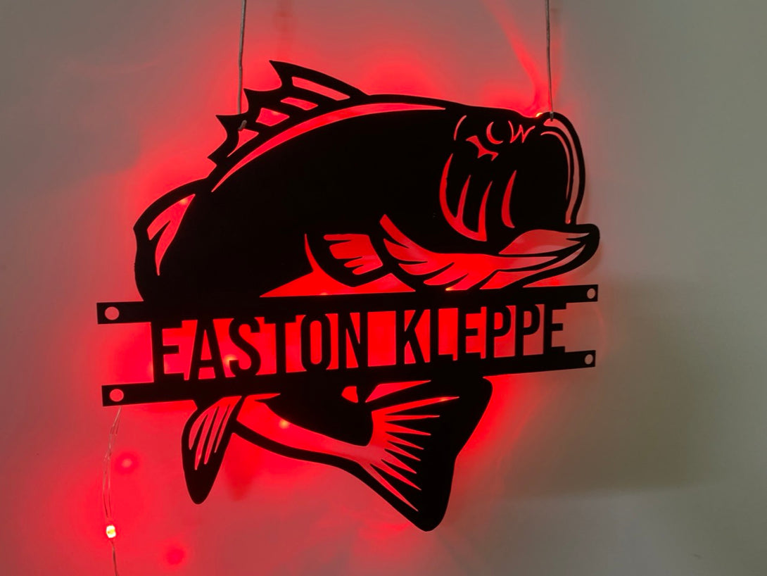 Custom Bass Fishing Metal Wall Art With Led Light, Personalized Fisher Name Metal Sign, Large Mouth Bass Fish Metal Lake Sign
