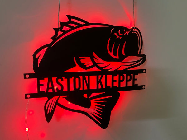 Custom Bass Fishing Metal Wall Art With Led Light, Personalized Fisher Name Metal Sign, Large Mouth Bass Fish Metal Lake Sign