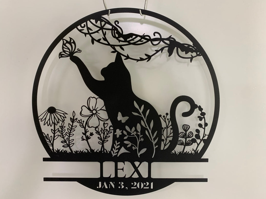 Custom Butterfly Cat Metal Sign, Floral Cat Monogram Metal Wall Art, Custom Pet Metal Sign, Cat Lover Metal Home Decoration