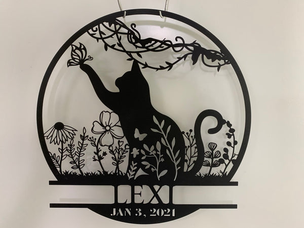 Custom Butterfly Cat Metal Sign, Floral Cat Monogram Metal Wall Art, Custom Pet Metal Sign, Cat Lover Metal Home Decoration