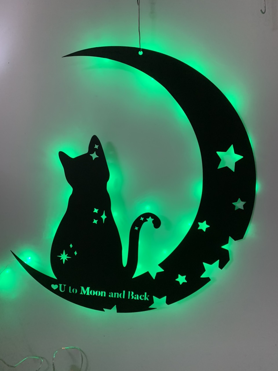 Black Cat On The Moon Metal Wall Art With Led Light, Moon Cat Star Metal Wall Led Sign, Cat On The Crescent Moon Metal Wall Decor