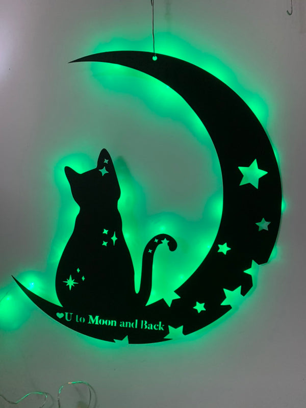 Black Cat On The Moon Metal Wall Art With Led Light, Moon Cat Star Metal Wall Led Sign, Cat On The Crescent Moon Metal Wall Decor
