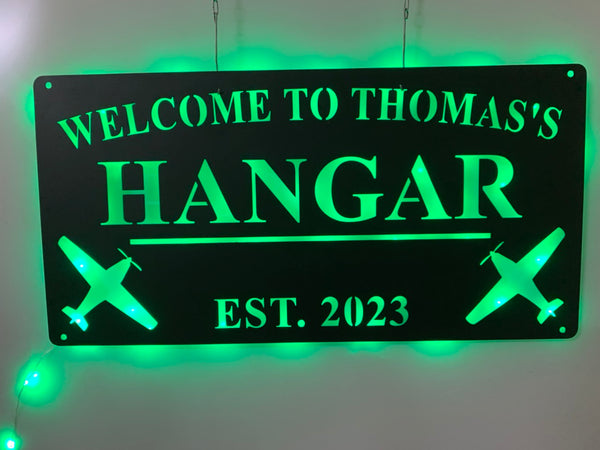Custom Aircraft Hangar Metal Wall Art Led Light, Personalized Pilot Name Metal Sign, Aviation Metal Hangar Wall Led Sign
