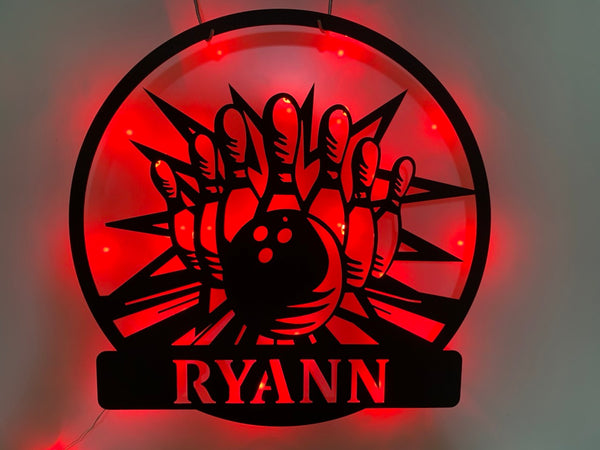 Custom Bowling Metal Wall Art With Led Light, Personalized Bowling Player Name Metal Sign, Bowling Game Zone Metal Led Decor