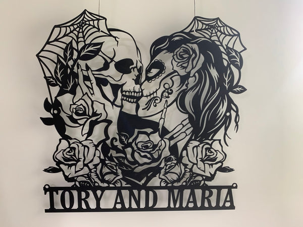 Custom Skeleton Lovers Metal Sign, Personalized Couple Skeleton Metal Wall Art, Soulmate Forever Skulls Metal Art, Sugar Skull Gothic Metal Wall Sign
