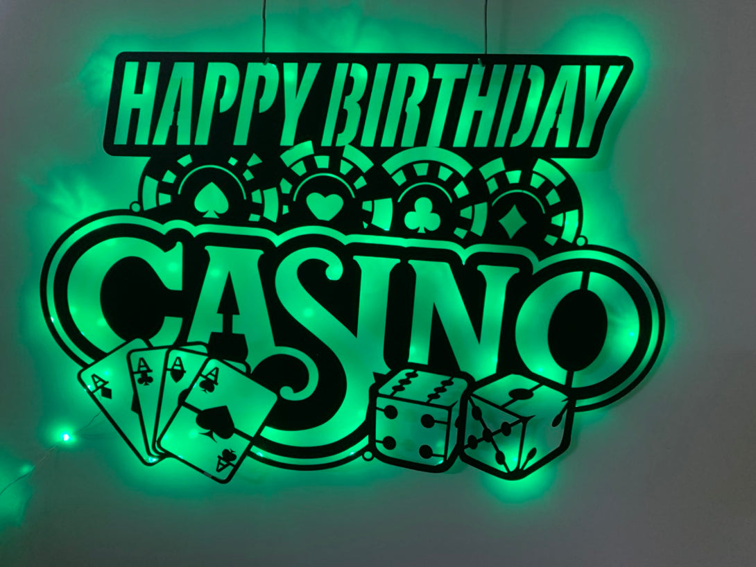 Custom Casino Dice Poker Metal Wall Art Led Light, Personalized Gamer Name Sign, Playing Cards Chips Gambling Game Zone Metal Wall Sign