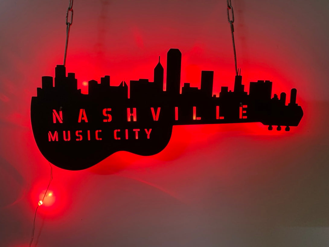 Nashville Skyline Music City Guitar Metal Sign With Led Light, Nashville Skyline Guitar Metal Wall Art, Guitar City Scape Metal Wall Decor