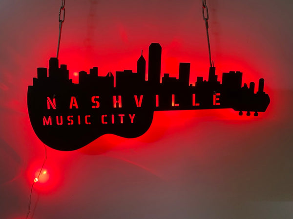 Nashville Skyline Music City Guitar Metal Sign With Led Light, Nashville Skyline Guitar Metal Wall Art, Guitar City Scape Metal Wall Decor