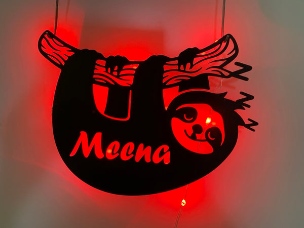 Custom Sloth Metal Wall Art With Led Light, Personalized Lazy Sloth Metal Name Sign, Sloth Spirit Metal Wall Art, Funny Sloth Led Metal Sign