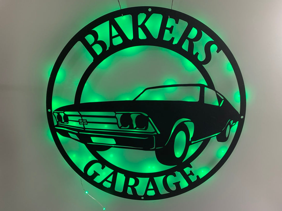 Custom Car Garage Metal Sign With Led Lights, Personalized Car Monogram Metal Name Signs, Car Garage Man Cave Workshop Metal Wall Art
