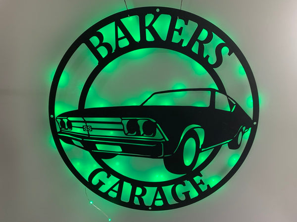 Custom Car Garage Metal Sign With Led Lights, Personalized Car Monogram Metal Name Signs, Car Garage Man Cave Workshop Metal Wall Art