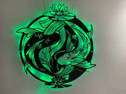 Yin Yang Koi Fishs Metal Wall Art With Led Lights, Lotus Koi Fish Led Metal Sign, Metal Yin Yang Koi Fish Home Kitchen Led Sign