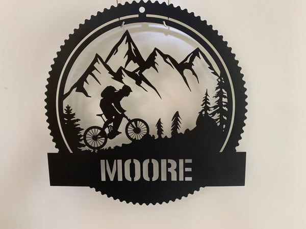 Personalized Mountain Biking Metal Name Sign, Mountain Tree And Cyclist Metal Wall Art, Custom Mountain Bikers Metal Wall Sign Cabin Decor
