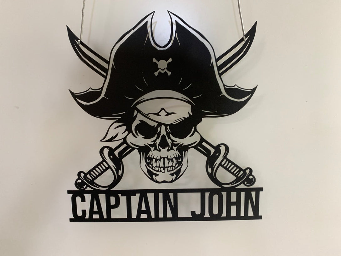 Custom Pirate Skull Metal Wall Art, Personalized Pirate Ship Metal Name Sign, Pirate Captain Skeleton Piracy Metal Wall Sign