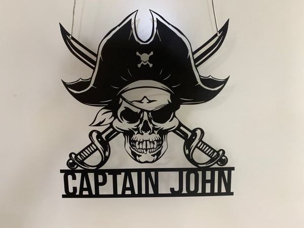Custom Pirate Skull Metal Wall Art, Personalized Pirate Ship Metal Name Sign, Pirate Captain Skeleton Piracy Metal Wall Sign